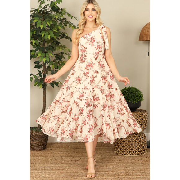 Olivaceous Cream Floral One Shoulder Tie Detail Tiered Midi Dress NEW - Picture 2 of 6
